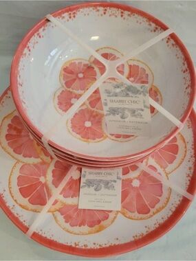 Shabby Chic Melamine Dinner Plate & Bowl Pink Grapefruit Citrus Fruit Summer 8pc